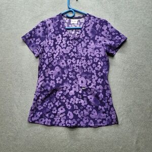 Koi Women Scrub Top XS Purple Floral NEXT GEN Printed Button